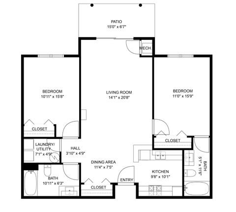 Floor plan for 2 beds, 2 baths, 1071 sqft